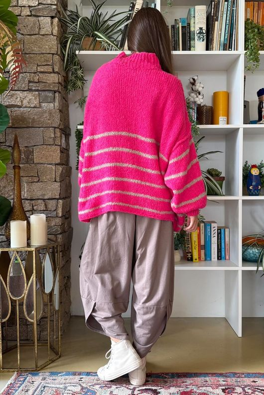 Big Softie Stripe Funnel Grunge Knit Hot Pink